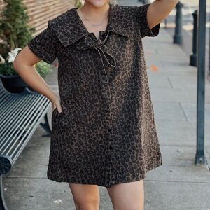Brown Leopard Print Button-Front Dress with Pockets